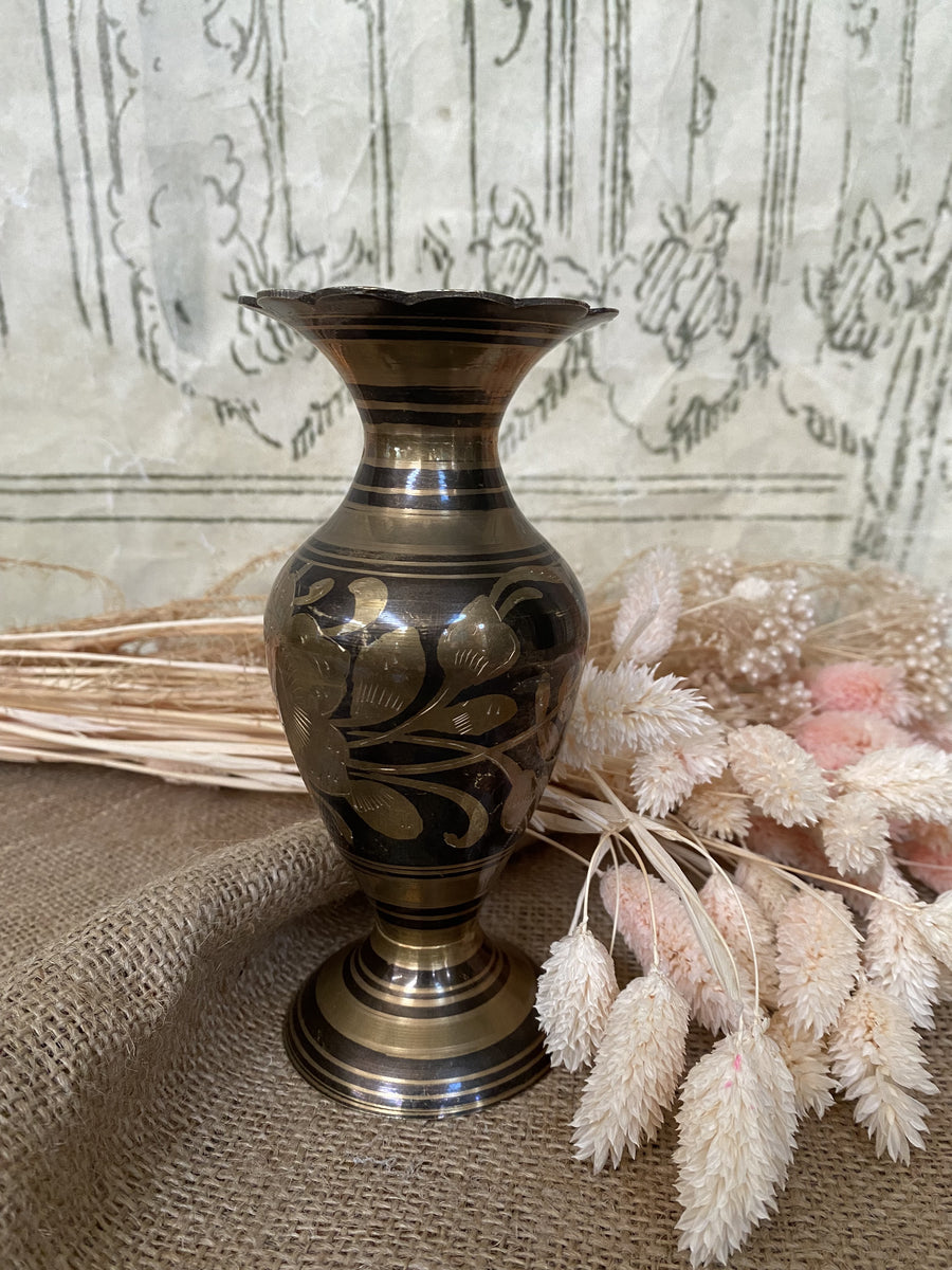 Elegant Etched Floral Brass Indian Vase