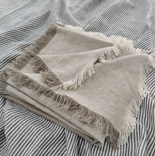 Heavy Weight Oatmeal French Linen Fringed Bedcover 145x220cm