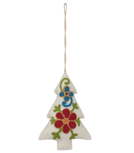 Embroidered Tree Hanging Felt Ornament - White