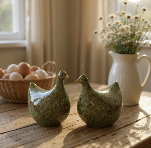 Pair of Mottled Green Ceramic Hens