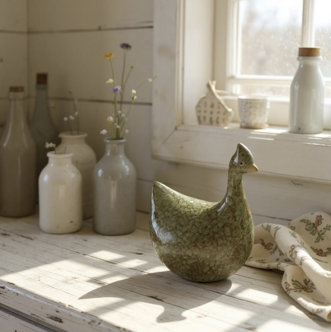 Mottled Green Ceramic Hen