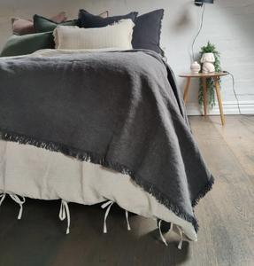 Heavy Weight Charcoal French Linen Fringed Bedcover 130x210cm