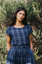 Load image into Gallery viewer, Mirella Indigo Linen Cap Sleeve Top in Blue Check
