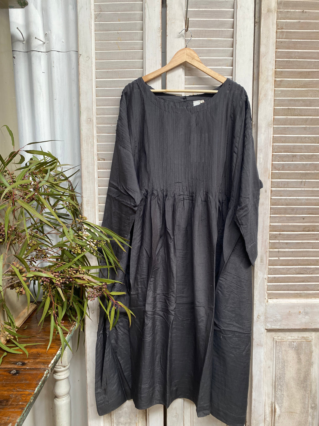 Cotton Silk Pleat Front Dress with Button Down Back