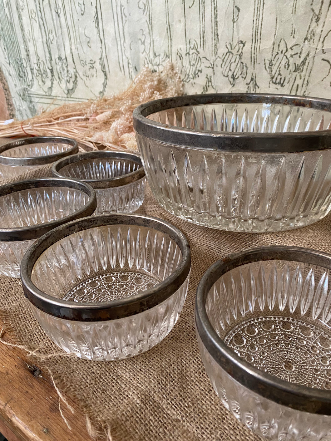 Vintage Set of Glass Serving Bowls with Silver Rims.