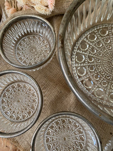 Vintage Set of Glass Serving Bowls with Silver Rims.