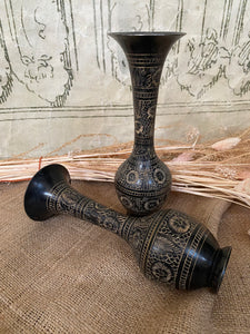 Vintage Pair of Brass Black Etched Vases