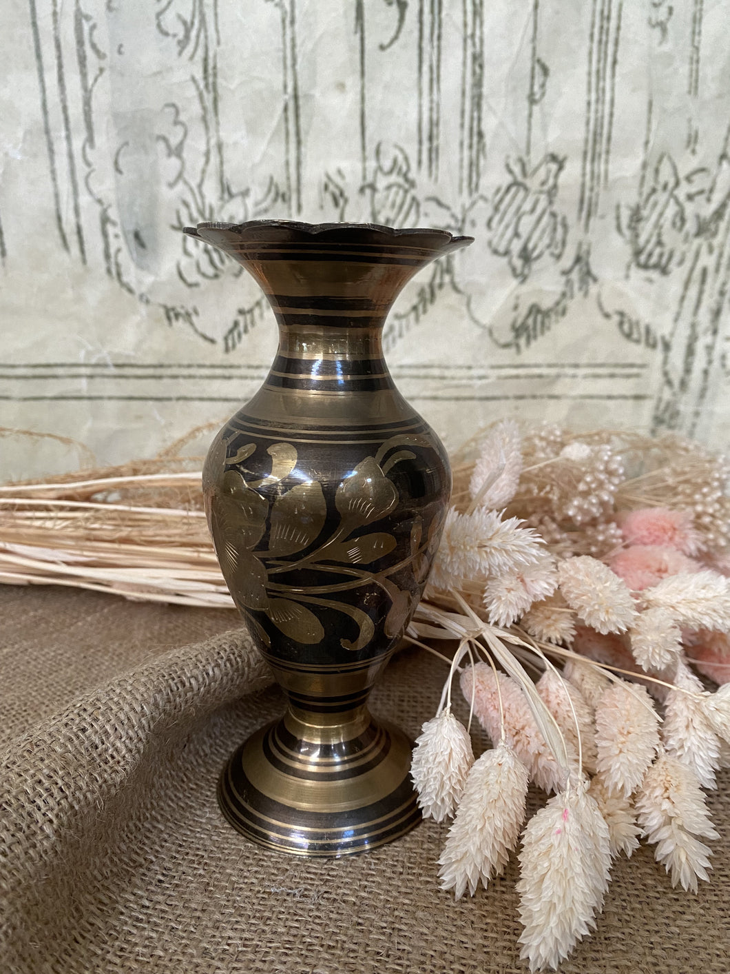 Elegant Etched Floral Brass Indian Vase