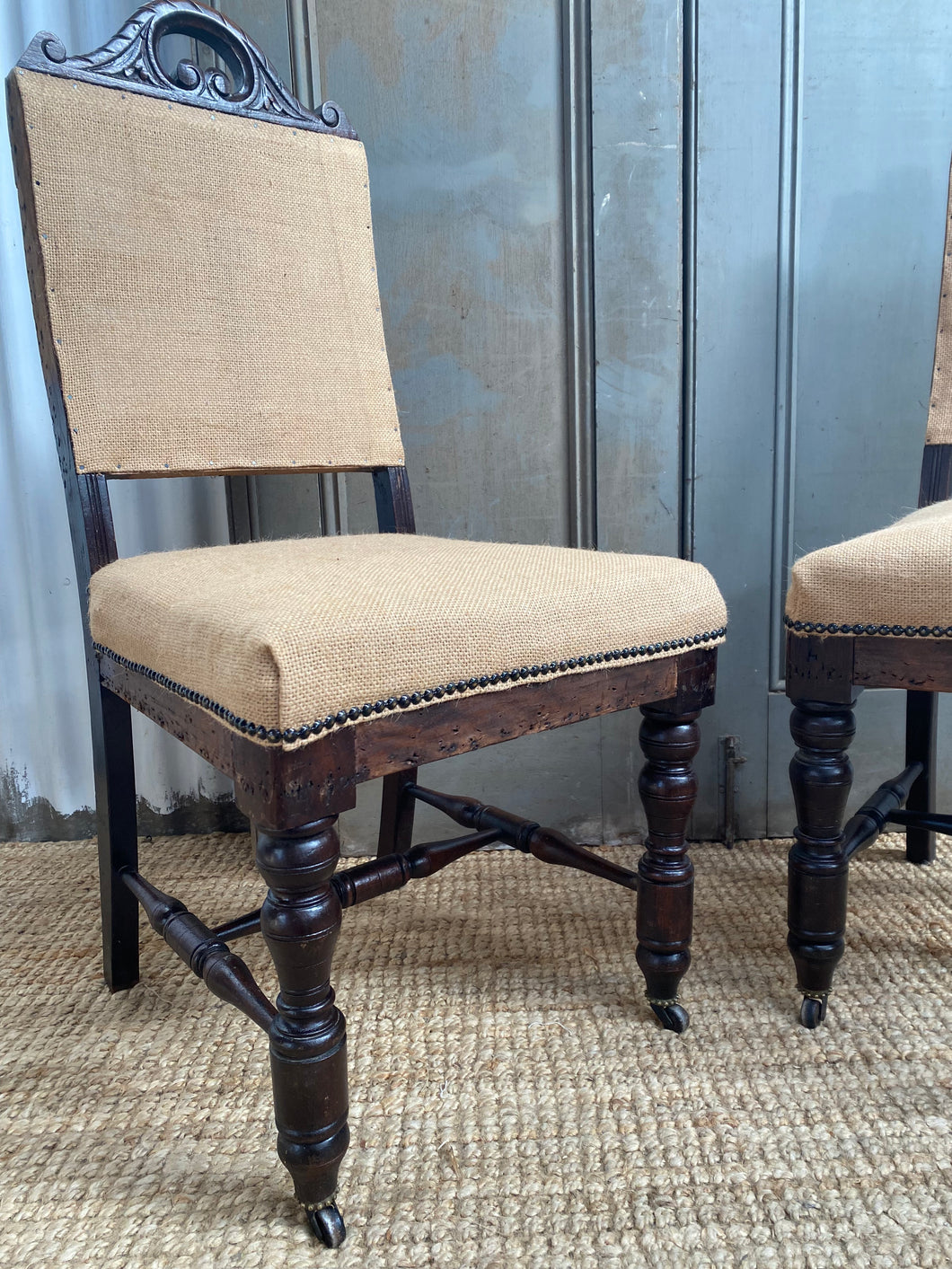 Carved Burlap Upholstered Dining Chair