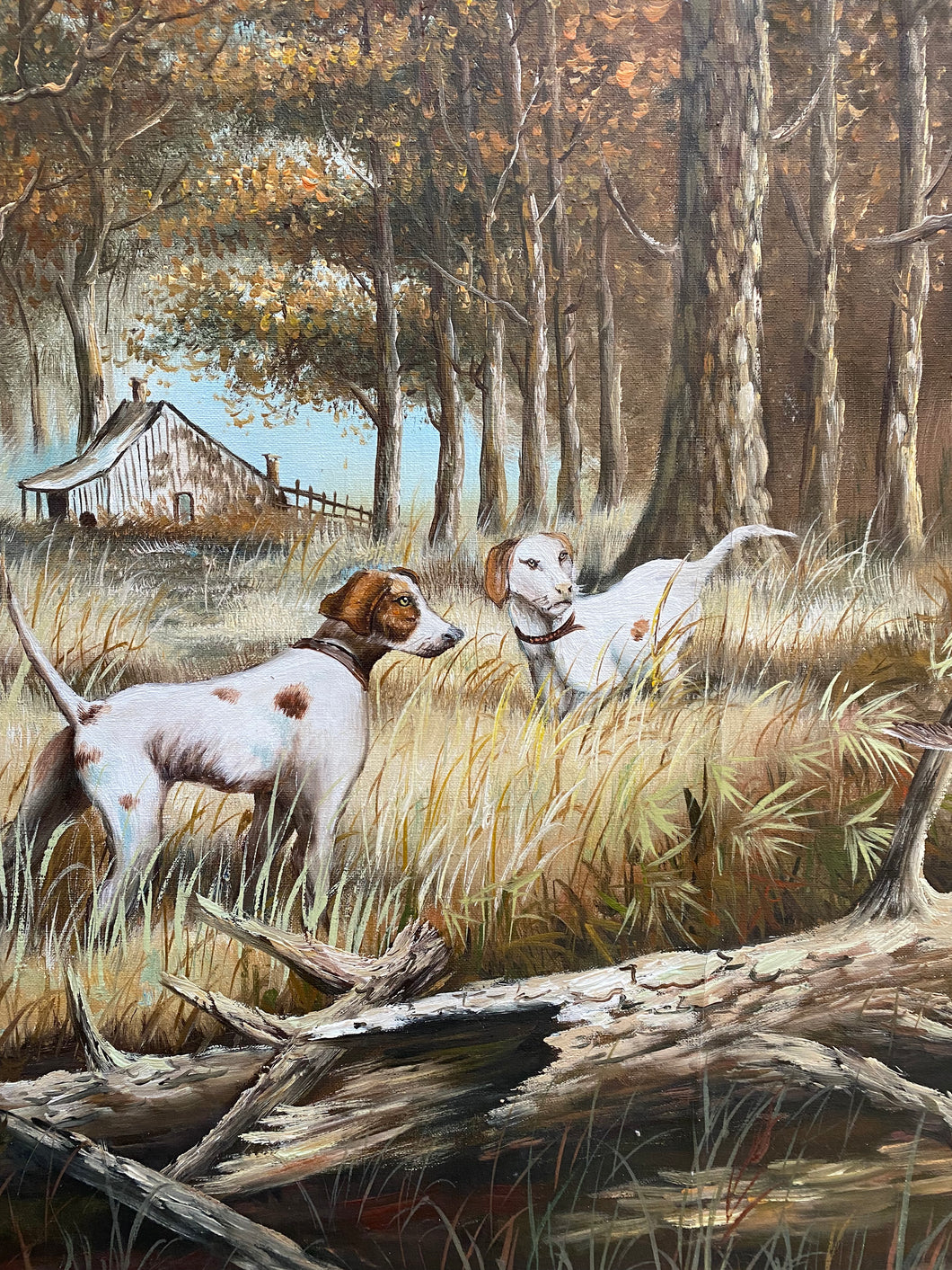 Vintage Oil Painting Hounds in the Woods