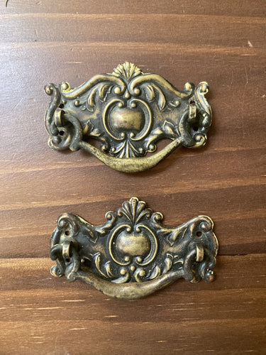 Pair of ornate vintage brass drawer pulls