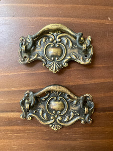 Pair of ornate vintage brass drawer pulls