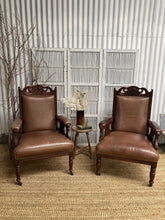 Load image into Gallery viewer, Pair of Antique Carved and Decorative Leather Armchairs