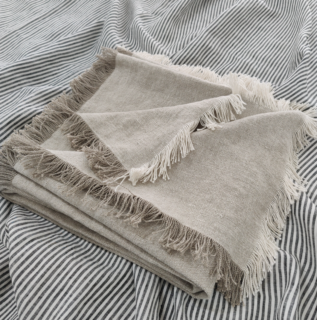 Heavy Weight Oatmeal French Linen Fringed Bedcover 145x220cm