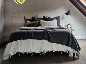 Heavy Weight Charcoal French Linen Fringed Bedcover 130x210cm