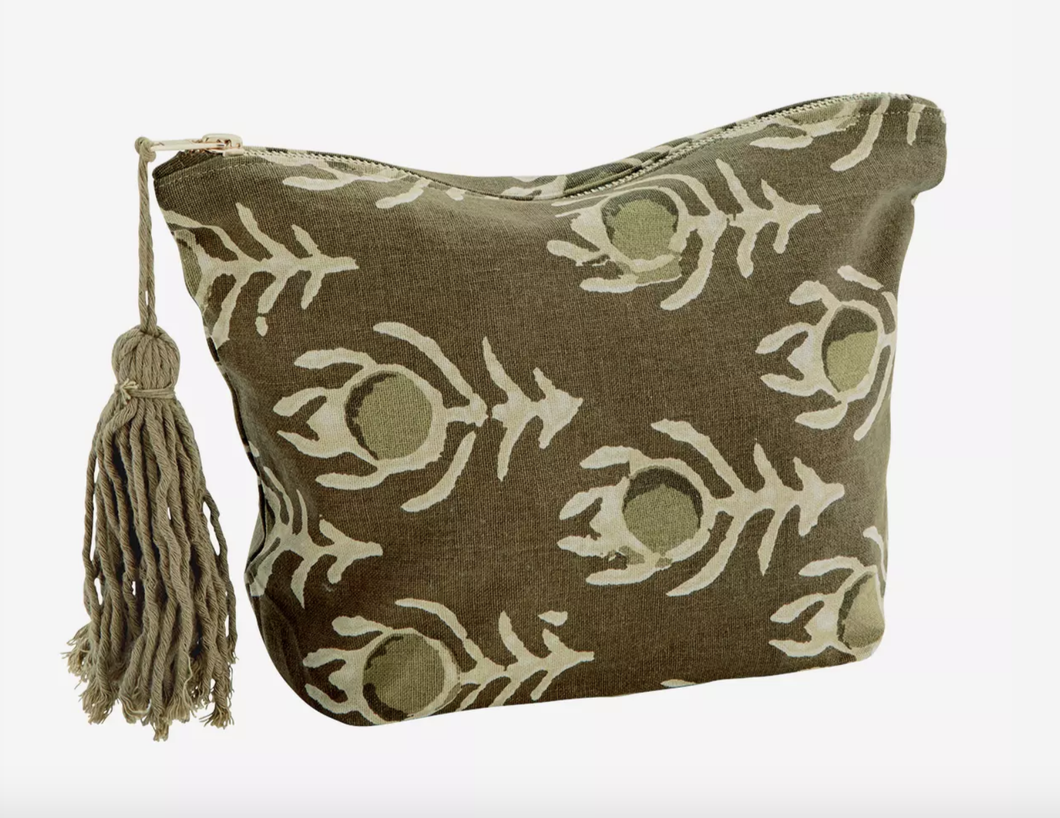 Madam Stoltz Printed Cotton Washbag with Tassel Olive