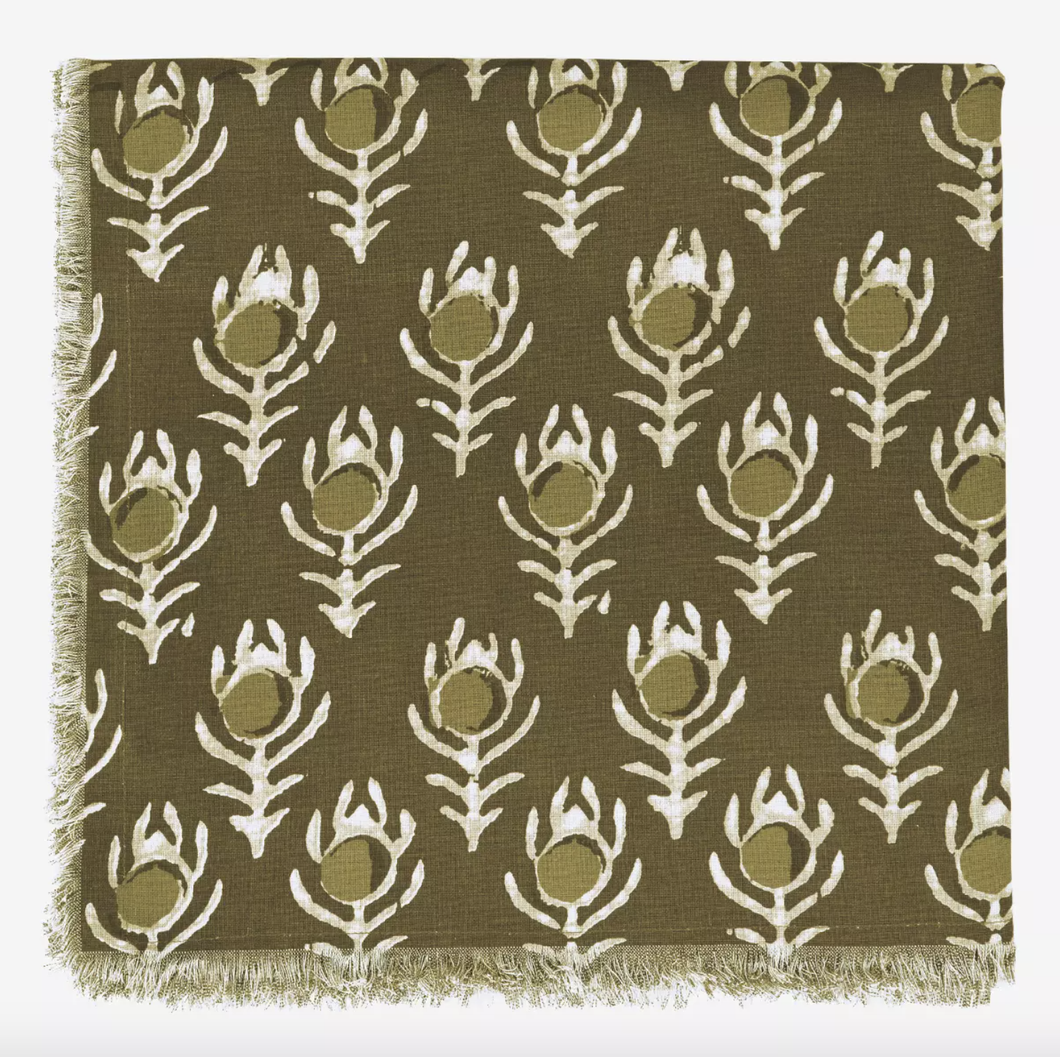 Madam Stoltz Printed Tablecloth with Fringes Olive