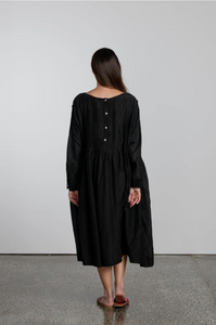 Cotton Silk Pleat Front Dress with Button Down Back